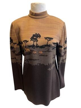 Vintage St John Collection Marie Gray Safari Print Mock Neck Zip Sweater Small
